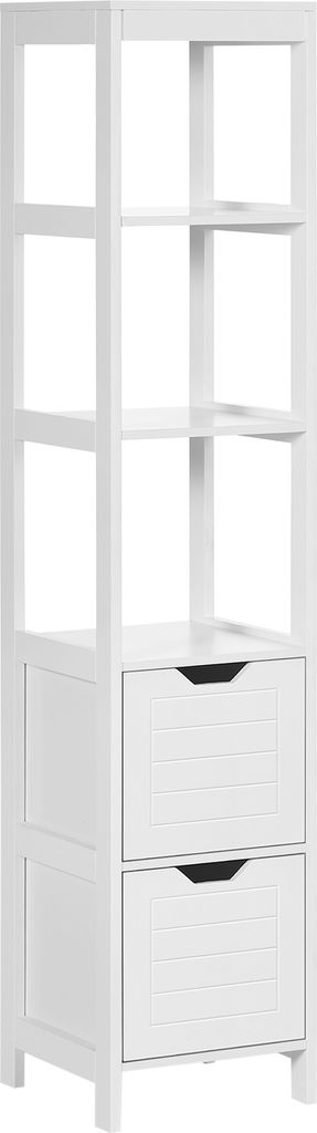 Kleankin Hoher Mehrzweck-Badezimmerschrank, Säulenmöbel mit 3 offenen Regalen und 2 Schubladen, kippsicher, 30 x 30 x 144 cm, Weiß