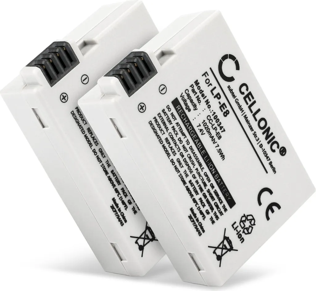 CELLONIC, Batteria per Fotocamera, compatibile con Canon EOS Rebel T5i, 600D, 550D, LP-E8, 700D (7.4V, 1020mAh) 2 Pezzi