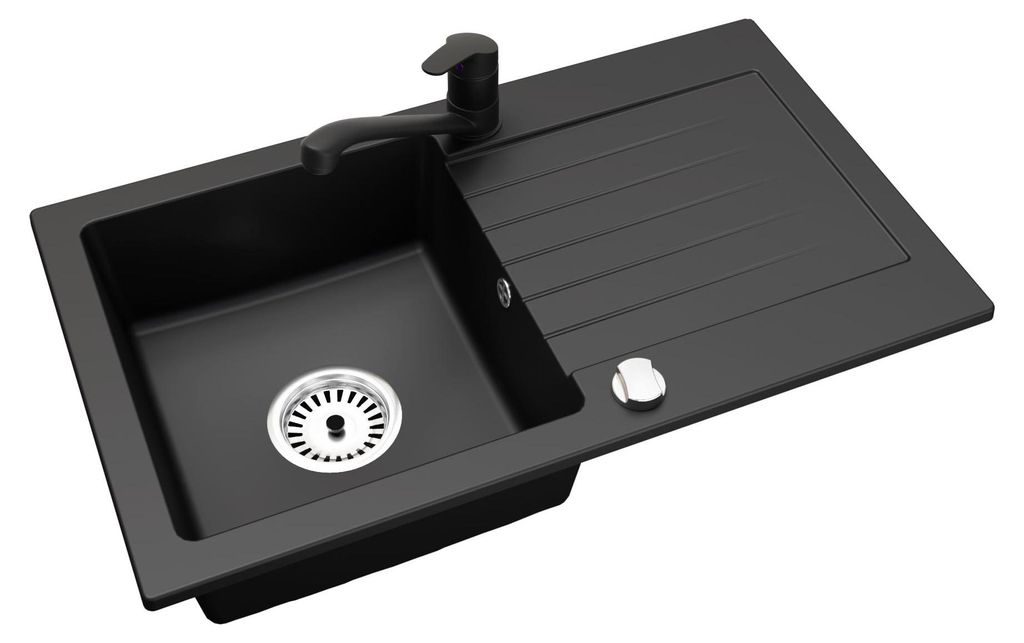 [Granitspüle 76x44 Schwarz+ Armatur]Hochwertig beidseitig Produktbild 