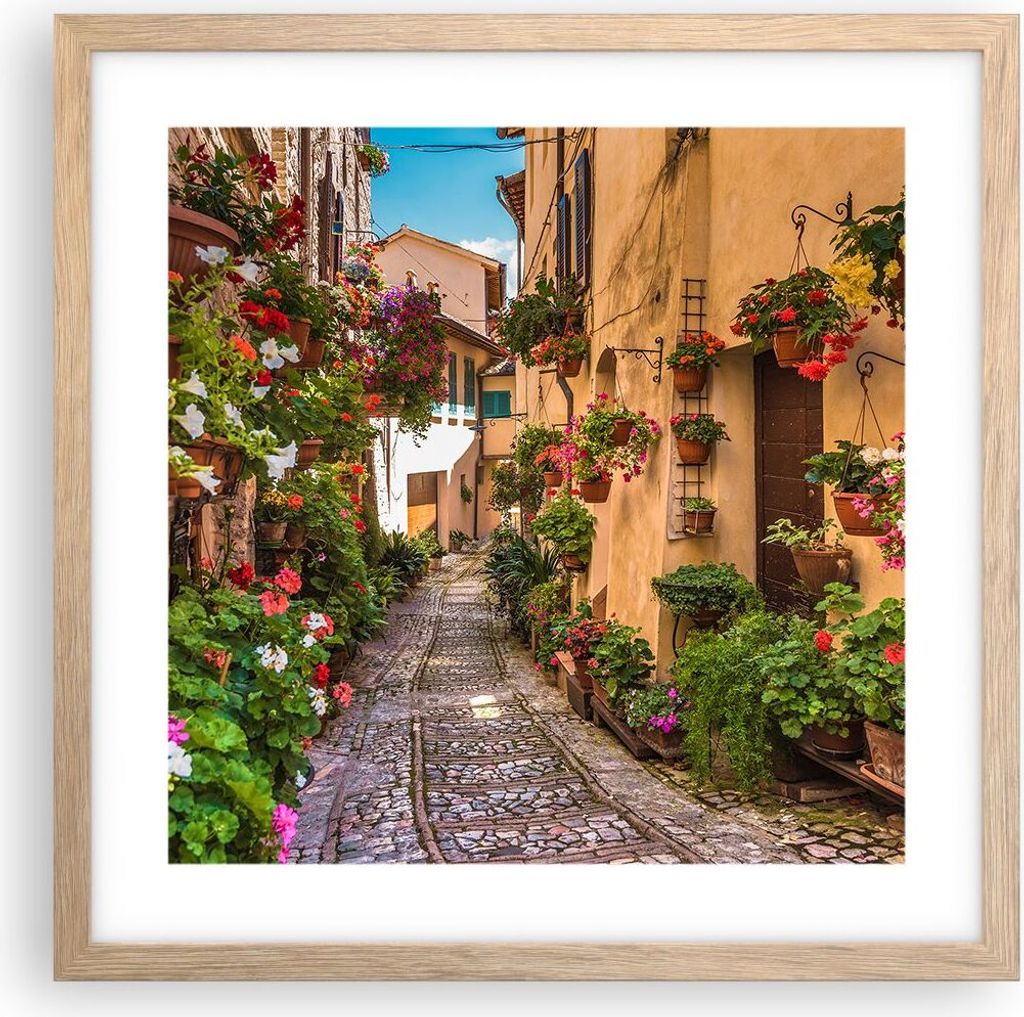Gerahmtes Poster - Rahmen in heller Eiche - Path Blumen Haus Hof - 40x40 cm - Wand Bild - Wanddeko - Wandbilder - Wandposter - Bilderrahmen - Bilde...