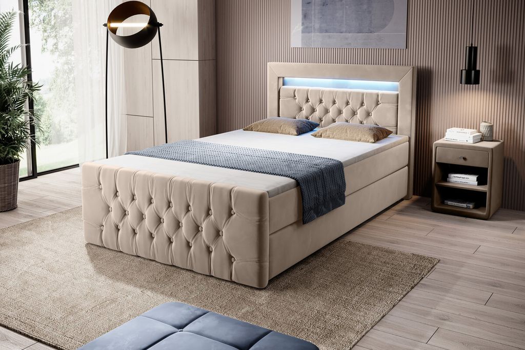 Moebelfest Boxspringbett 120x200 cm mit Blau LED-Beleuchtung: Polsterbett mit Bettkasten, Taschenfederkernmatratzen 7 Zonen, Topper sowie Kopf- und...