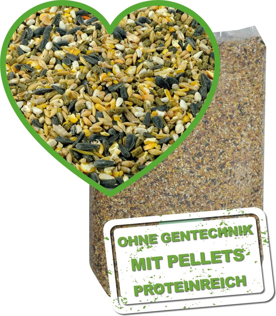 A bag of birdseed with a heart-shaped overlay showing a close-up of the seed mixture.
