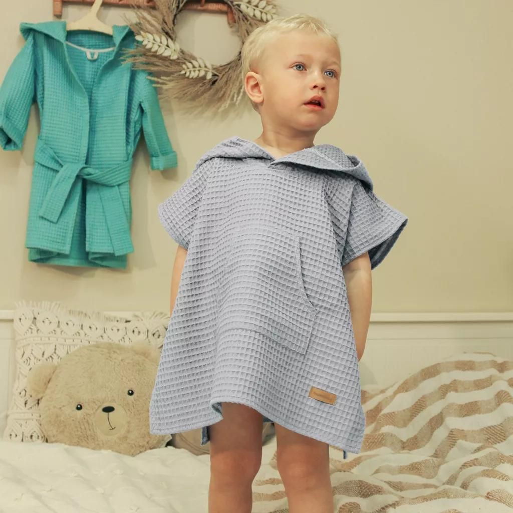 Muminky | Kinder Badeponcho mit Kapuze - 48x48cm - Dunkelgrau - Waffelstruktur - Ultra saugfähig - Kuschelig weich