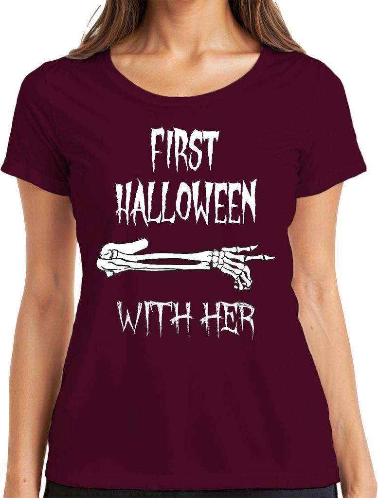 First Halloween With Her erstes Halloween Baby Mama Geschenk Arm Damen T-Shirt, Burgundy, S