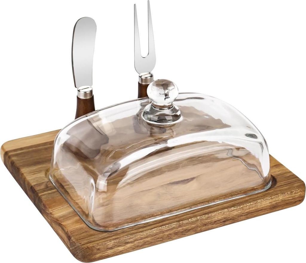 YHNDECO Butterdose mit Holzdeckel, Messer und Gabel, Butterdose mit Glasdeckel, Bambus- und Akazien-Butterdose, Butterbox für Haushalt und Küche
