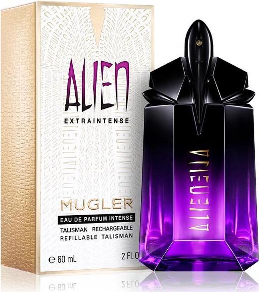 A perfume bottle and its packaging are displayed against a white background.