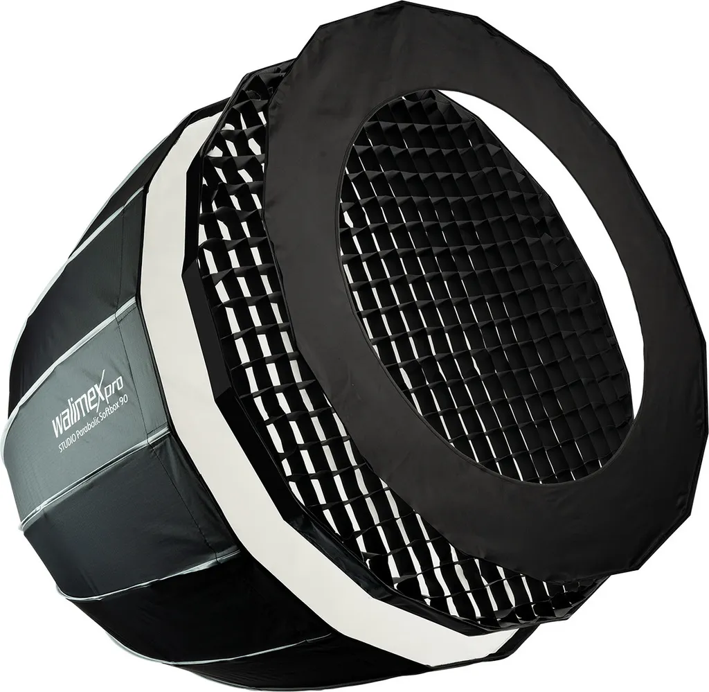 Walimex pro Studio Parabolic Softbox 90cm, ruotabile a 360°, facile da montare grazie alla funzione ombrello, incluso griglia, maschera, adattatore Bowens e borsa per il trasporto, ideale per ritratti e scatti di bellezza