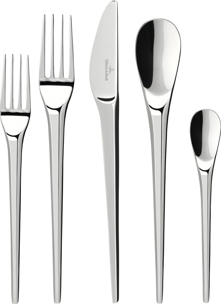 A set of five polished metal cutlery pieces arranged vertically against a white background.