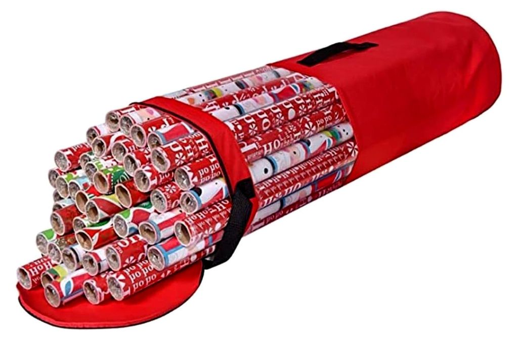 Geschenkpapier-Organizer, Aufbewahrungstasche, 101,6 cm lang, für bis zu 24 Rollen, aus 600D Oxford-Gewebe, transparente Außentasche, Rot