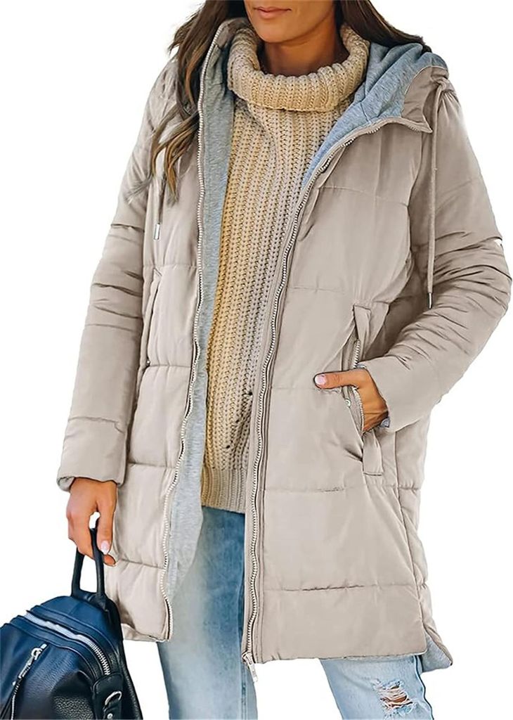 ASKSA Damen Wintermantel Lang Daunenmantel Steppmantel Jacke Einfarbige Winter Warm Reissverschluss Daunenjacke mit Kapuze (Aprikose,M)