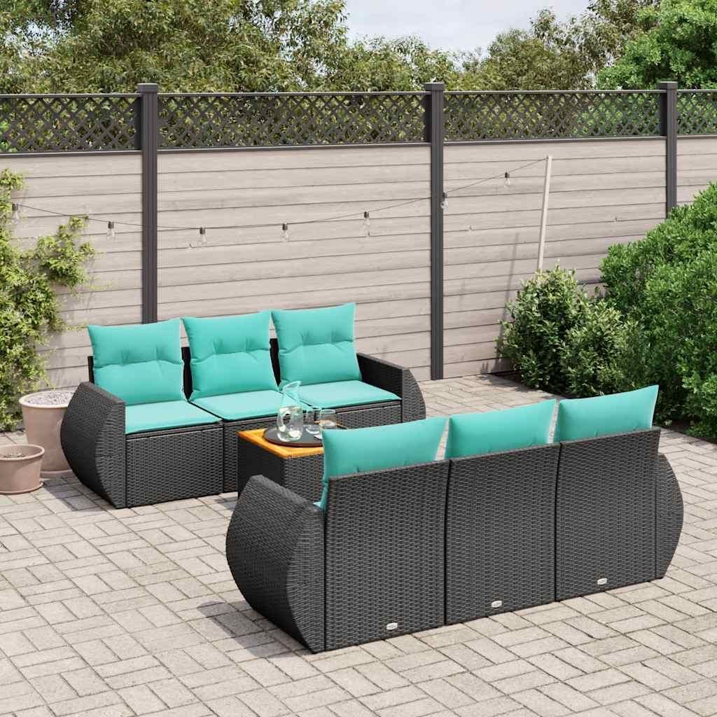 Möbel 7-teiliges Gartensofa-Set mit Kissen, schwarzes Polyrattan - Gartenmöbelgarnituren CC4311