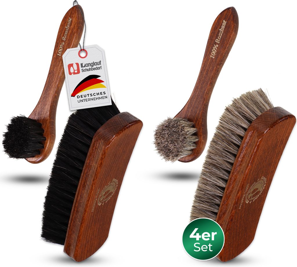 Rosshaar Schuhbürsten Set - Schuhbürsten aus echtem Pferdehaar - Griff aus lackiertem Buchenholz I Rosshaarbürste (n) für Glattleder - 2 Glanzb...