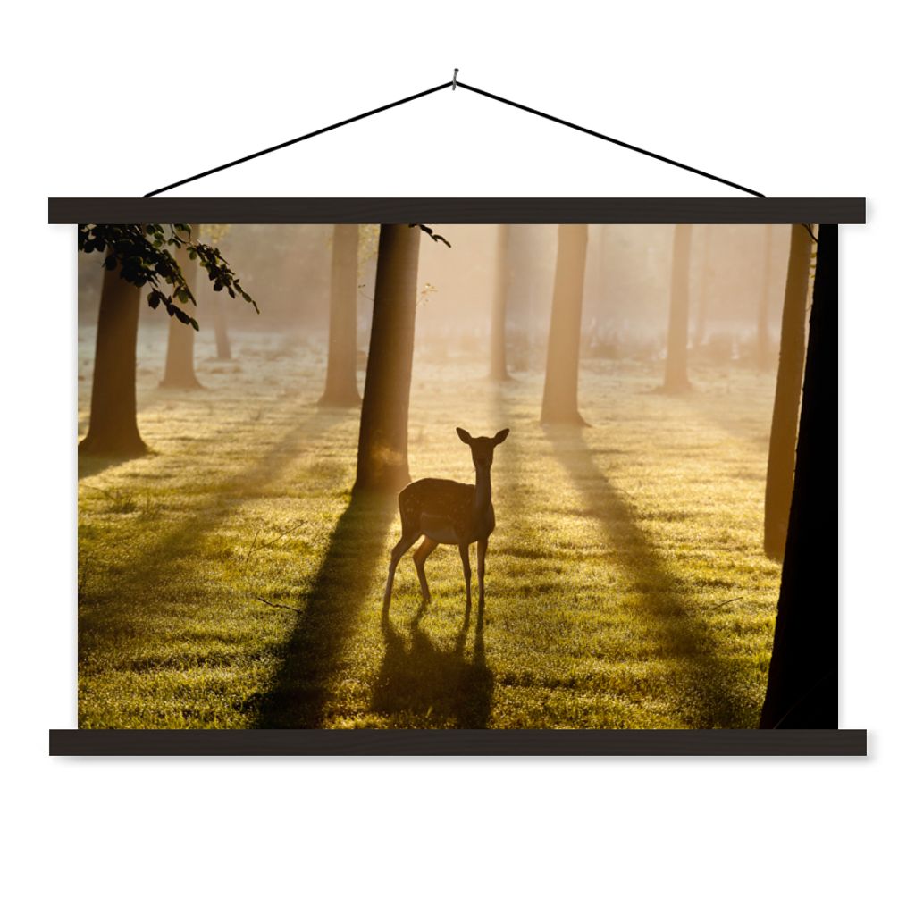 MuchoWow Textilposter Hirsche - Sonne - Bäume 90x60 cm mit schwarzem Rahmen - Aufhängungssatz