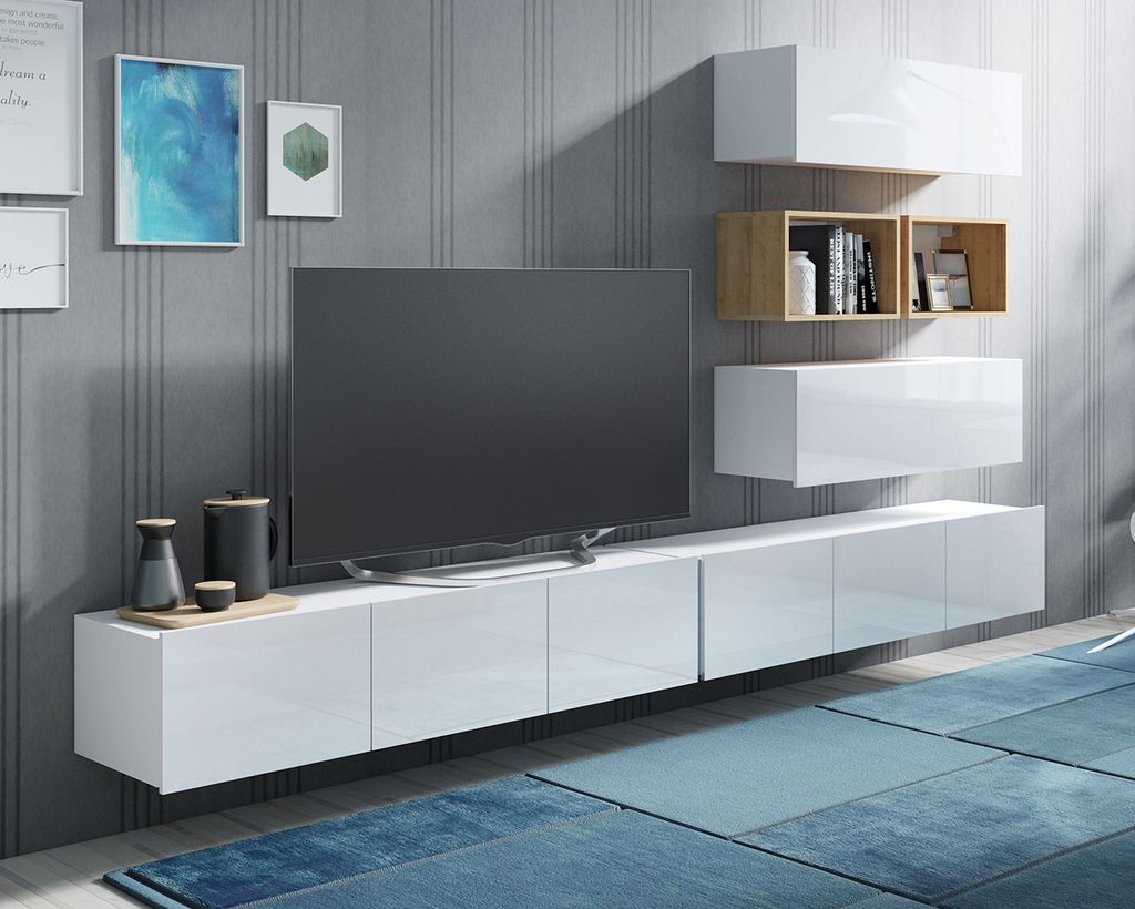 Wohnwand Amanda XVI TV Möbel Schrankwand TV Lowboard Wohnzimmer-Set Bücherregale Anbauwand (Weiß matt + Weiß Hochglanz Fronten / Goldene Eiche)