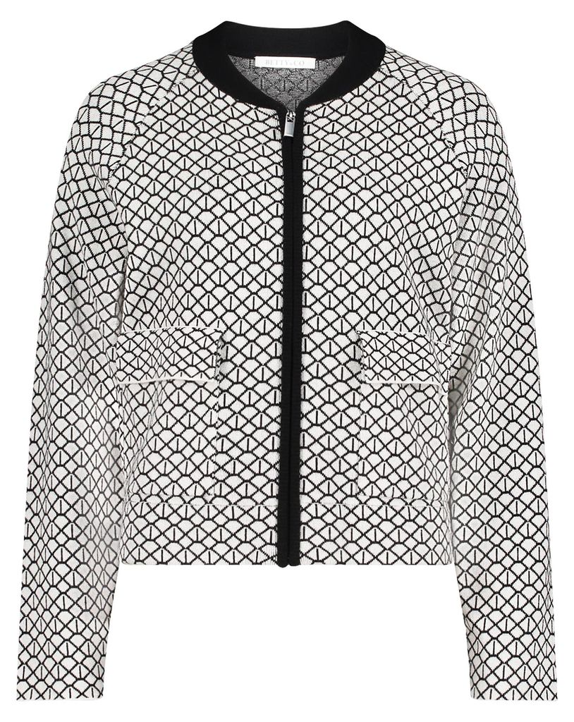 Lässiger Strick Cardigan mit grafischem Muster, Reißverschluss, Stehkragen, 56 cm Länge