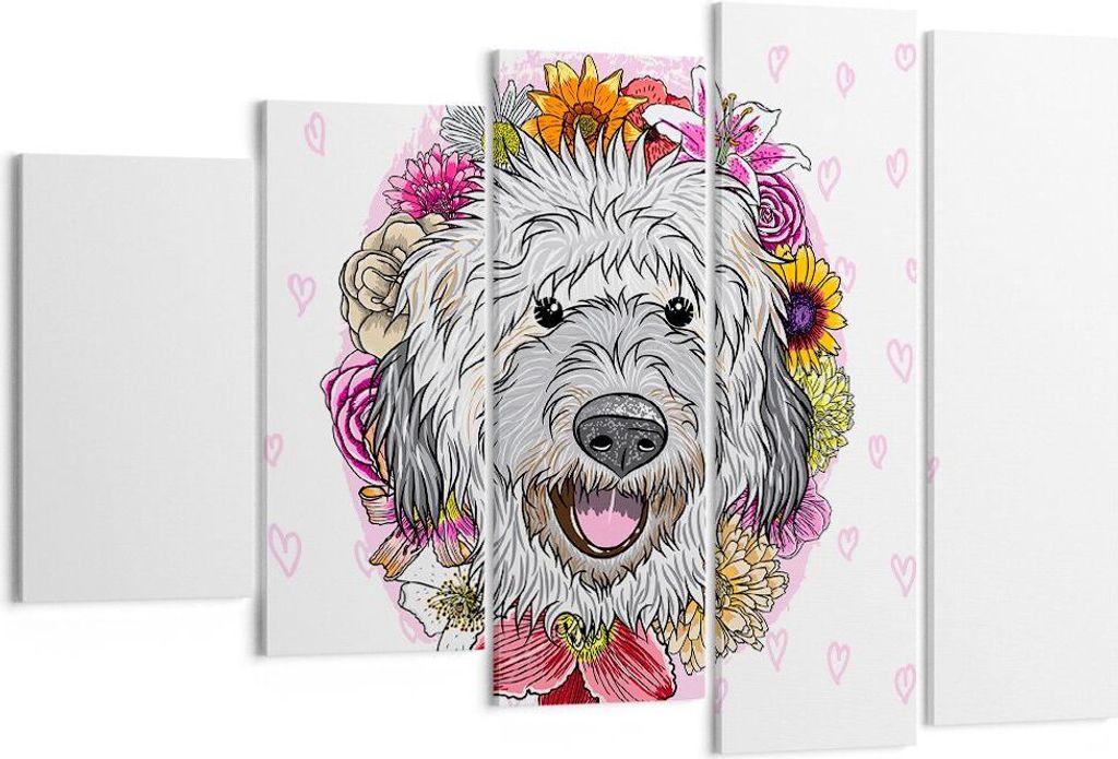 Bild auf Leinwand - Leinwandbild - Hund Blumen Kinder exotische - 150x100cm - Wand Bild - Wanddeko - Leinwanddruck - Bilder - Kunstdruck - Wanddeko...