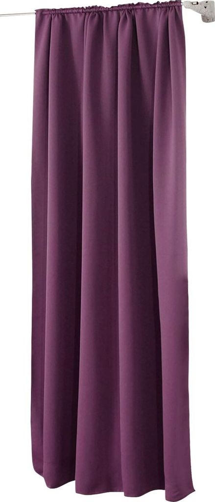 A close-up of a purple curtain hanging from a rod.