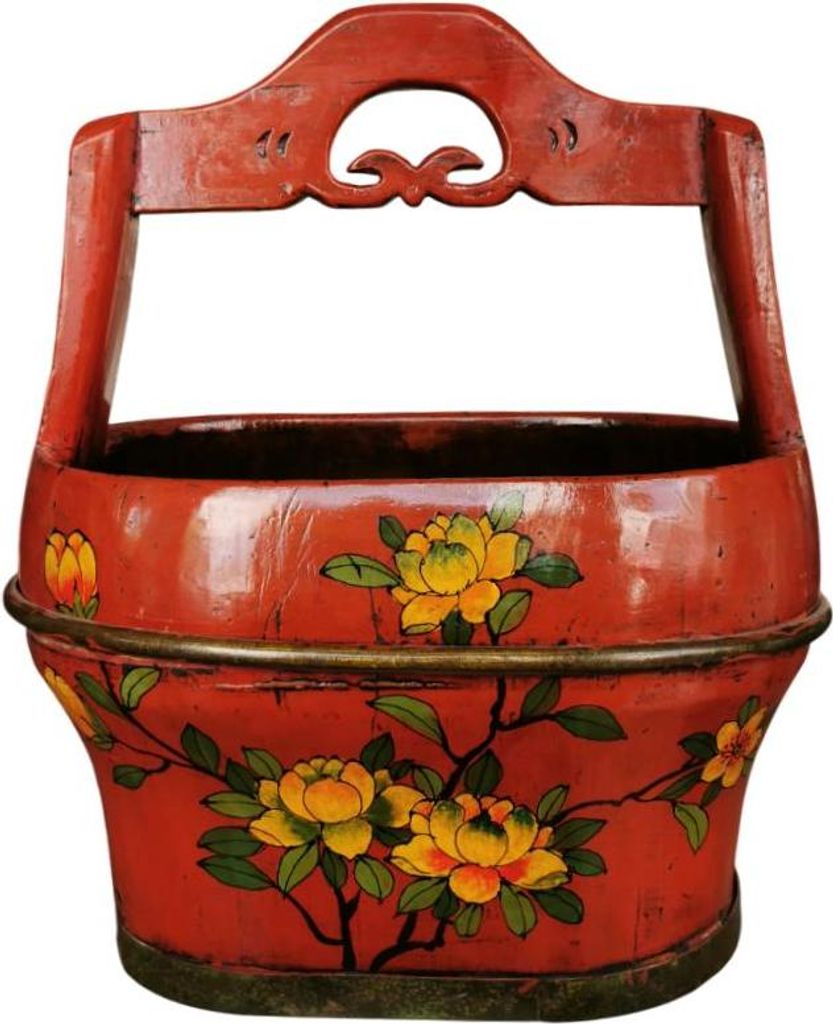 Fine Asianliving Antique Chinese Wooden Handpainted Basket Red W40xD26xH55cm