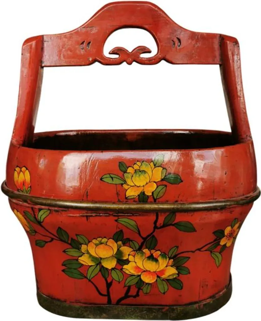 Fine Asianliving Panier Chinois Ancien en Bois Rouge L40xP26xH55cm