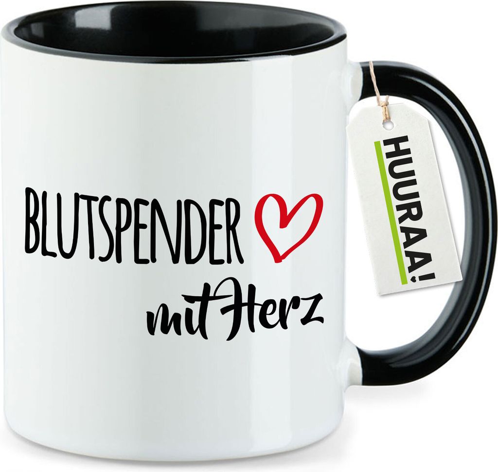 Huuraa Kaffeetasse Blutspender mit Herz 330ml Schwarz Keramik Kaffeebecher Geschenkidee
