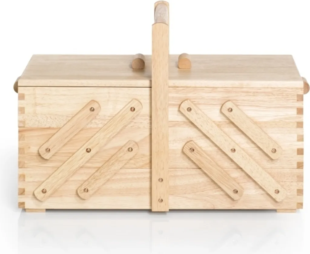 Panier à couture en bois naturel avec compartiments escamotables - M