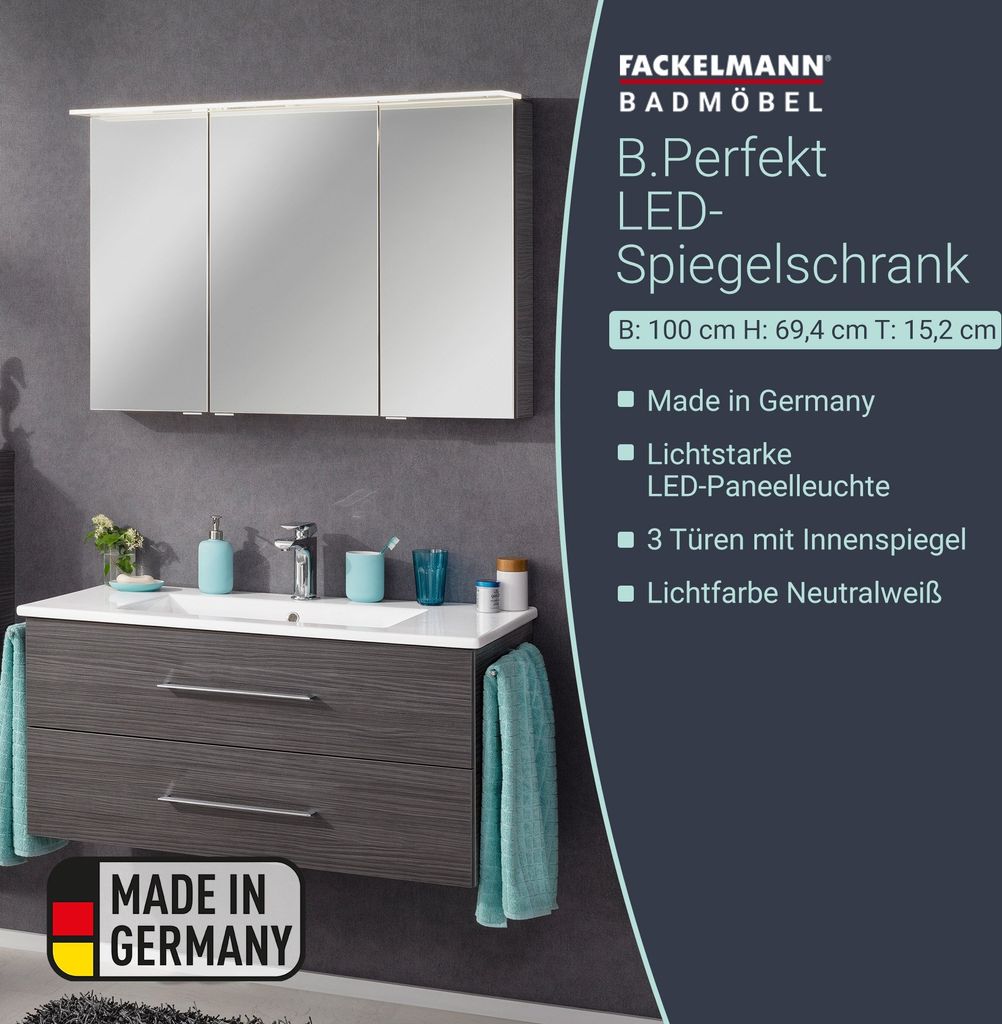 FACKELMANN LED Spiegelschrank B.PERFEKT / Badschrank mit Soft-Close-System / Maße (B x H x T): ca. 100 x 69 x 15 cm / hochwertiger Schrank mit Spi...