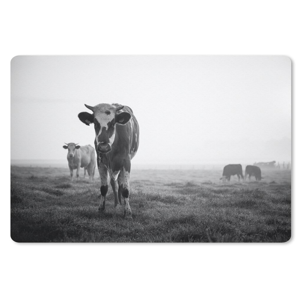 MuchoWow Schreibtischunterlage Kühe im Morgennebel schwarz-weiß Foto 60x40 cm - XXL Mauspad - Großes Mauspad