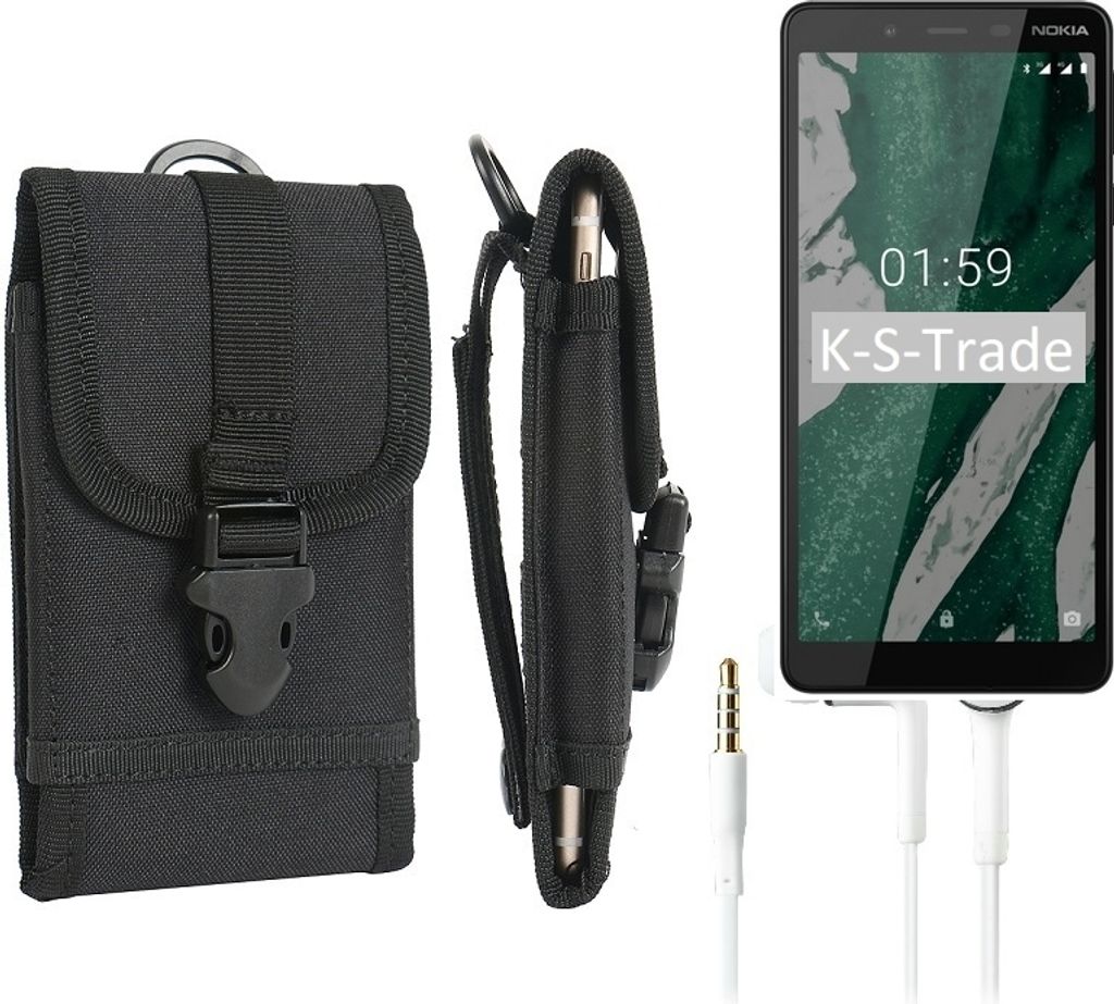 K-S-Trade Holster Schutz Hülle kompatibel mit Nokia 1 Plus Gürteltasche Handy Hülle Tasche outdoor Seitentasche schwarz 1x + Kopfhörer