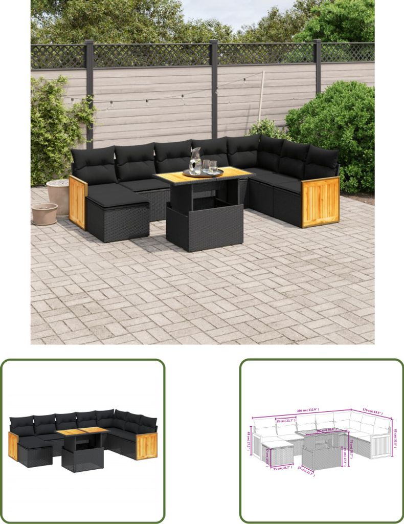 The Living Store 9-tlg. Garten-Sofagarnitur mit Kissen Schwarz Poly Rattan