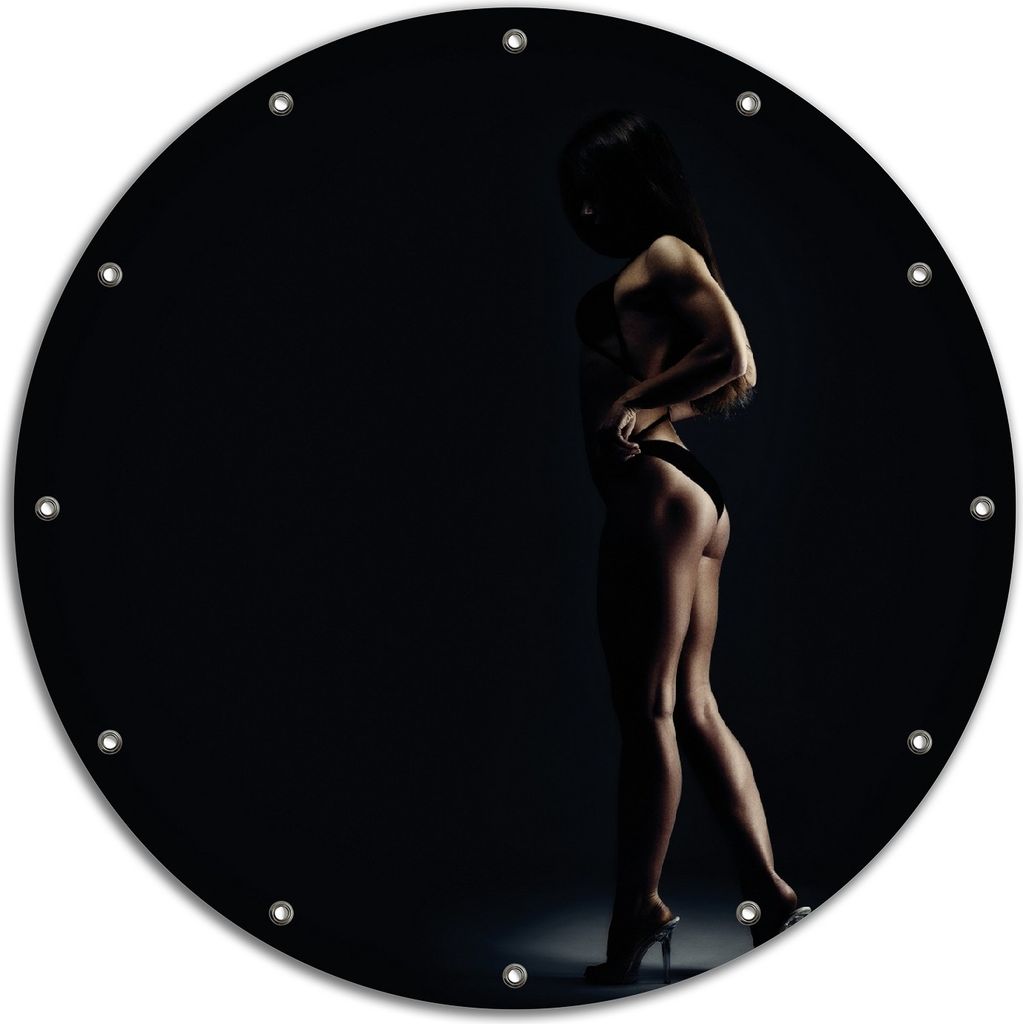 Wallario rundes Outdoor-Poster für Garten oder Balkon, Motiv Sexy Frau im Dunkeln - Schatten, Silhouetten, Muskeln, 90 cm Durchmesser