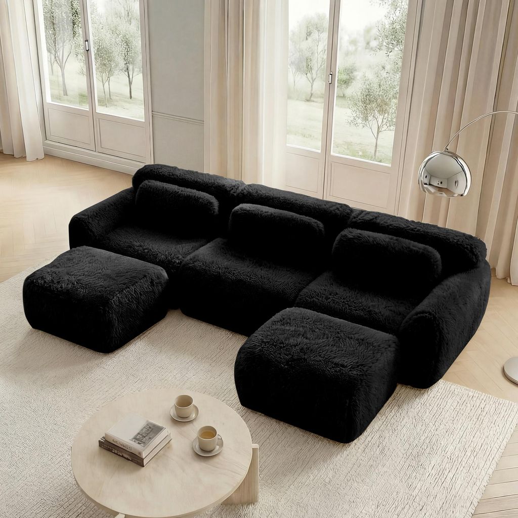 U-förmiges modulares Sofa, Plüsch, rutschfester Boden, inklusive Kissen, ergonomische Stütze, hochelastischer Schaumstoff, für Wohnzimmer