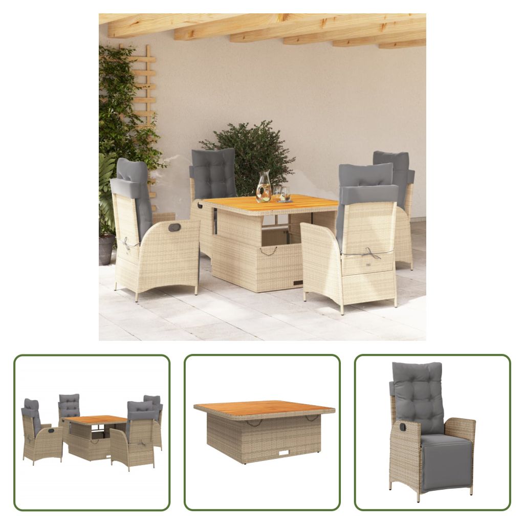 The Living Store 5-tlg. Garten-Essgruppe mit Kissen Beige Poly Rattan