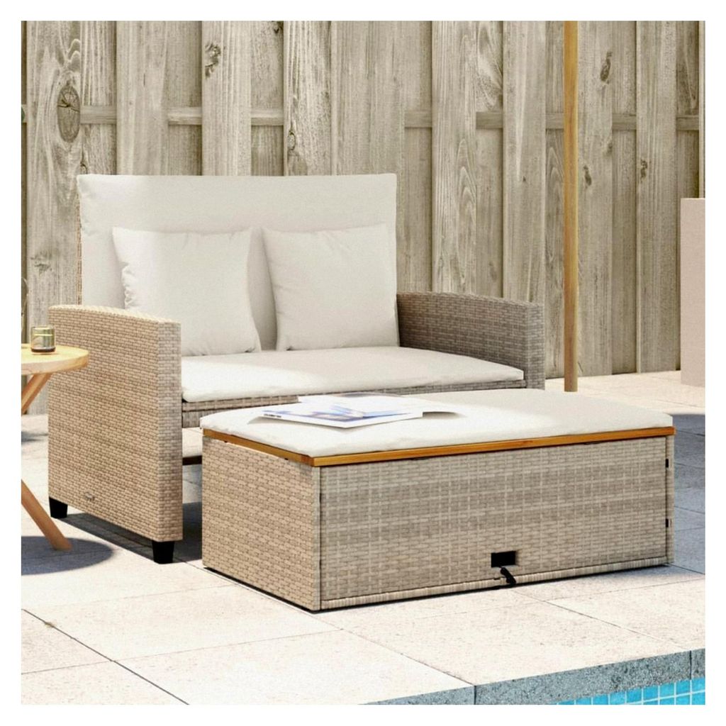 Gartensofa mit Kissen 2-Sitzer Beige aus Poly Rattan und Akazienholz
