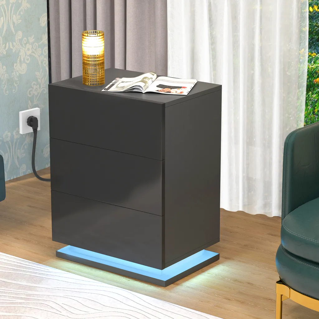 Table de chevet LED noir laqué 3 tiroirs coulissants design innovant