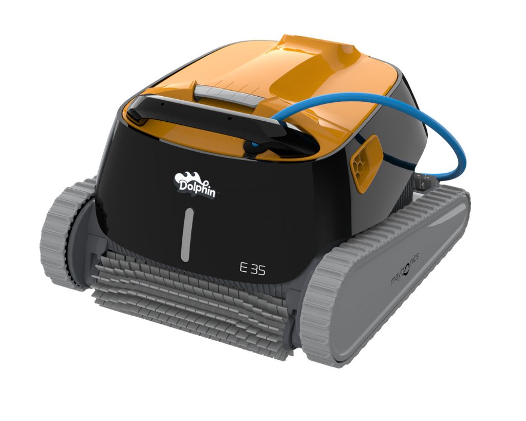 A Dolphin E35 pool robot is shown against a white background.