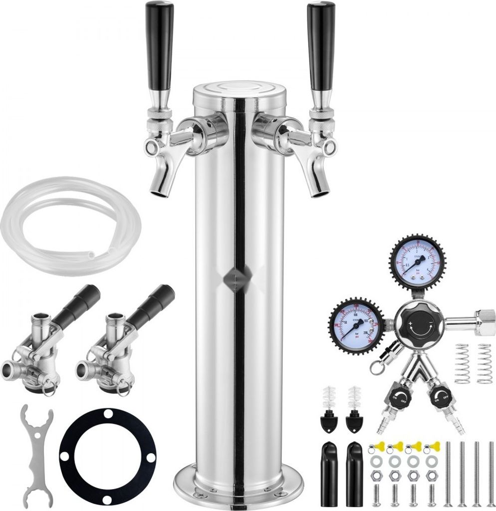 Bierspender Bierturm - Edelstahl Zapfanlage mit zwei Zapfhähnen - Bier-Umrüstsatz mit Doppelmessgerät W21.8-Regler und S-System-Fasskupplung - i...