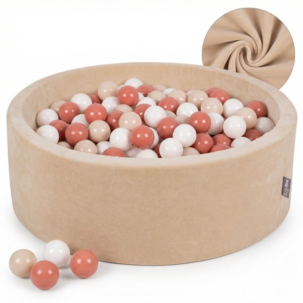 KiddyMoon Velvet Bällebad Kinder 90x30cm 300 Bunte Plastikbälle ∅7cm - Bällepool Rund Baby zimmer Babyspielzeug Bälle für bällebad - Sandbeige