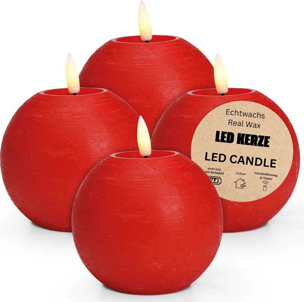 Set di 4 sfere di candela a LED in cera, fiamma tremolante, Ø 7x18 cm, rosso