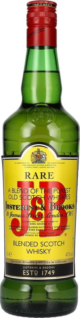 A bottle of J&B Rare Blended Scotch Whisky against a white background.