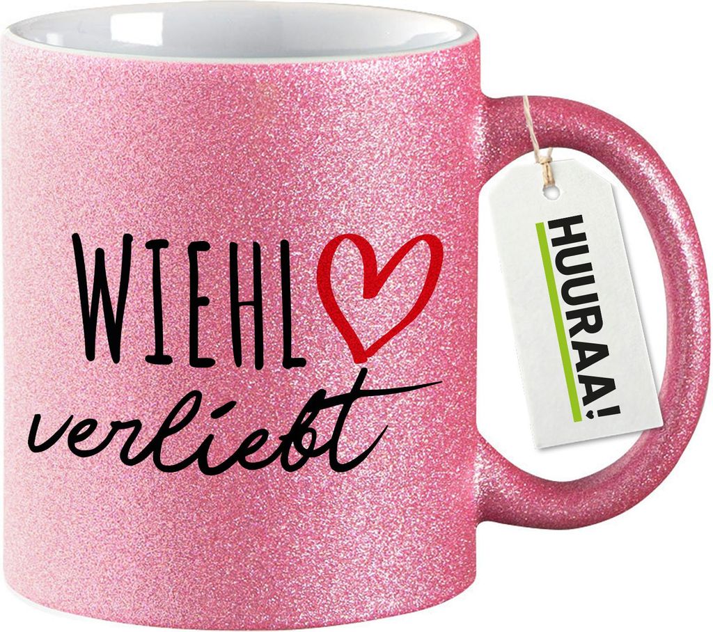 Huuraa Glitzertasse Wiehl verliebt 330ml Pink Keramik Kaffeebecher Geschenkidee