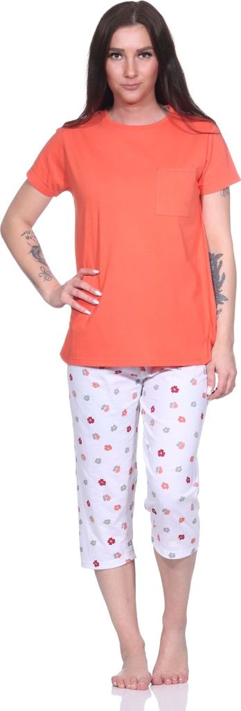 Damen Pyjama Schlafanzug mit T-Shirt 3/4 Capri Hose und lässigem Design ; apricot , 44
