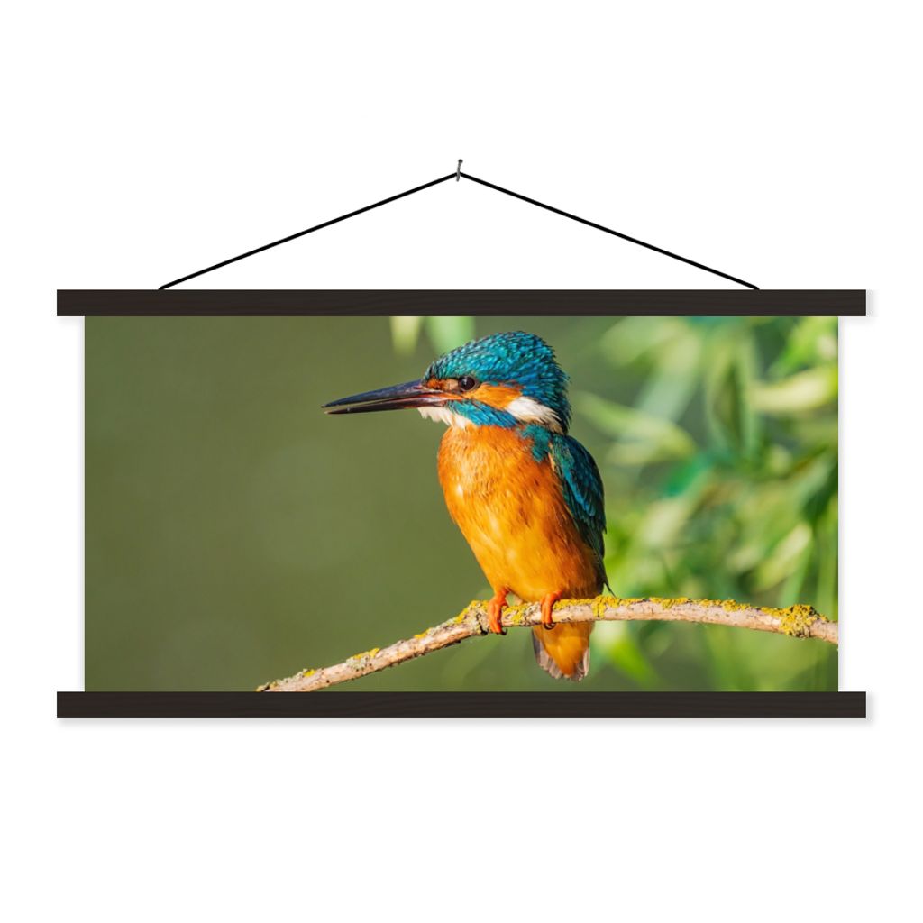 MuchoWow Textilposter Vogel - Eisvogel - Zweig - Blätter - Moos 120x60 cm mit schwarzem Rahmen - Dekoration Schlafzimmer