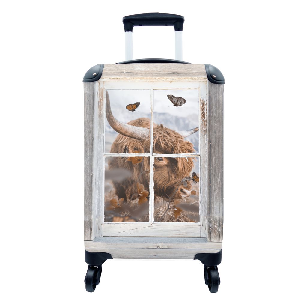 MuchoWow Koffer Handgepäck Trolley Rollkoffer Kleine Reisekoffer mit 4 Rollen - Scottish Highlander - Ansicht - Blumen - Cabin Size < 55x40x23 c...