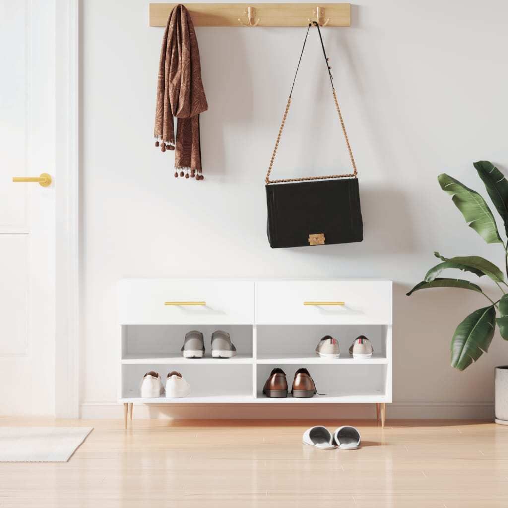 The Living Store Schuhbank Hochglanz-Weiß 102x35x55 cm Holzwerkstoff