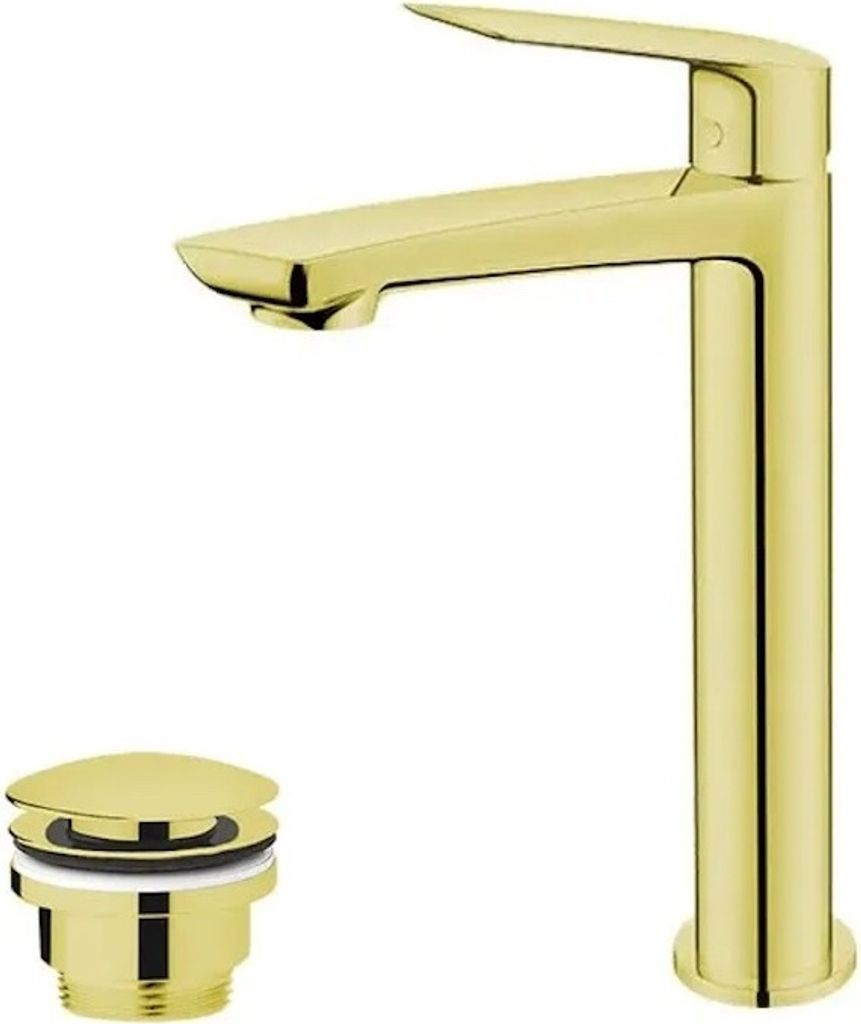 Waschtischarmatur mit hohem Auslauf und Ablaufventil (Stopfen) in Gold