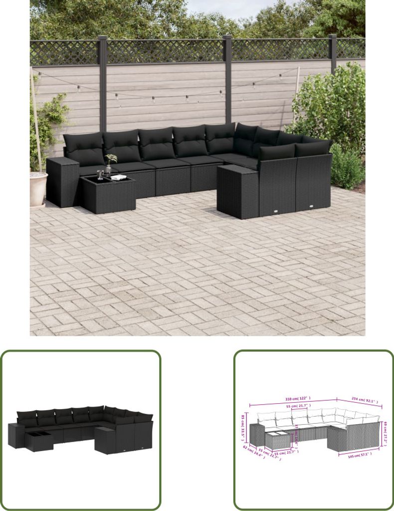 The Living Store 10-tlg. Garten-Sofagarnitur mit Kissen Schwarz Poly Rattan