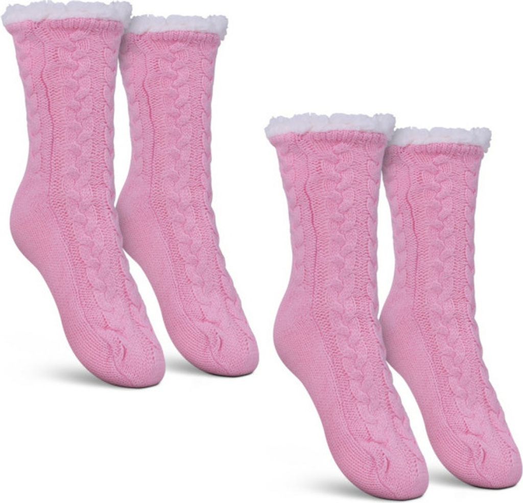 Haussocken (Rosa / 2 Paar) Damen mit Teddyfutter - Hüttensocken mit Anti-Rutsch-Sohle - ABS Norweger Socken Zopfmuster - Kuschelsocken Einheitsgr...