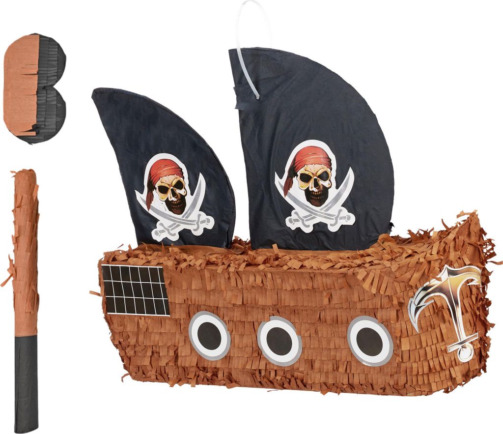 Relaxdays Pinata Piratenschiff, mit Stab & Maske, Produktbild 