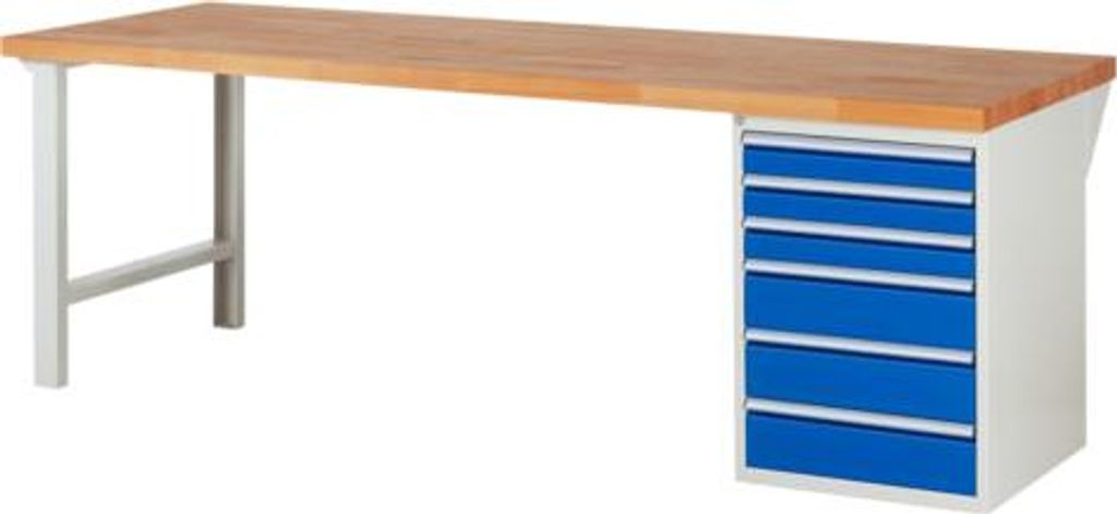 Werkbank mit 6 Schubladen - Teilauszug - 90:3 / 150:3 - 840 x 2.500 x 900 mm (HxBxT) - Traglast 1.000 kg - Buche