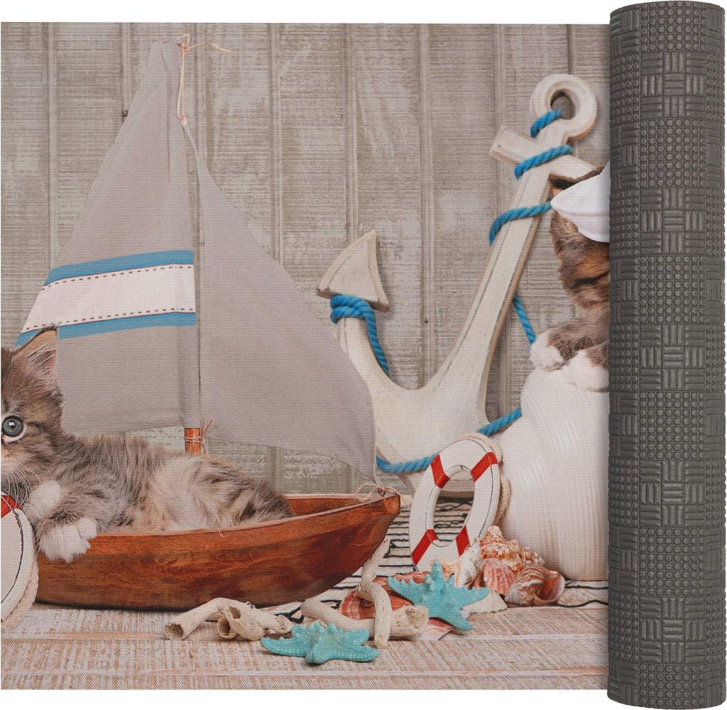 Küchenläufer LUIGI Katze Maritim pflegeleicht hochwertig Flurläufer Küchenteppich 52x120cm Bunt Robust Teppichläufer